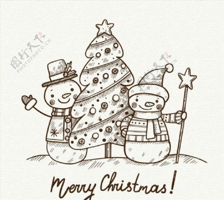 手绘圣诞树和雪人图片