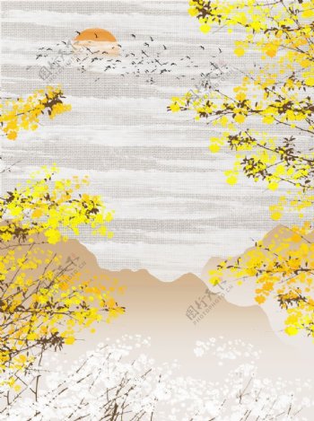 中式春风山川黄梅客厅装饰画图片