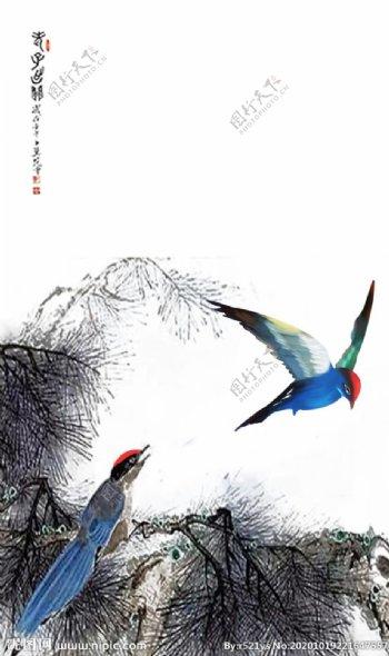新中式花鸟竖版装饰图片