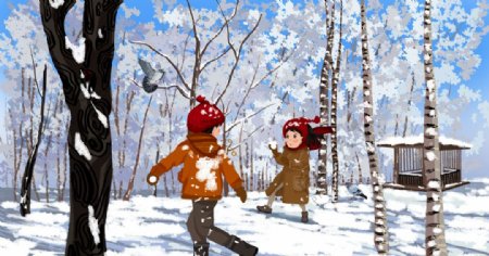 冬季树林雪景插画图片