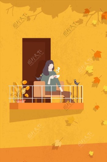 阳台上喝茶的女子图片