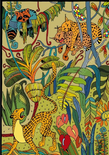 热带雨林动物印花布匹图案图片