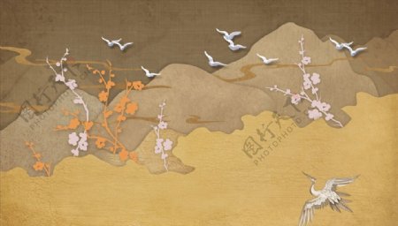鹤梅花鸽子山背景墙图片