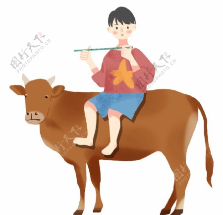 牛和牧童插画图片