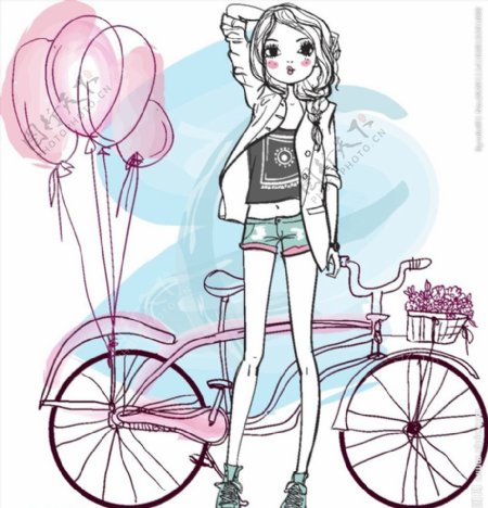 自行车与女孩漫画图片