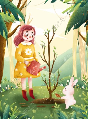 女孩和兔子插画图片