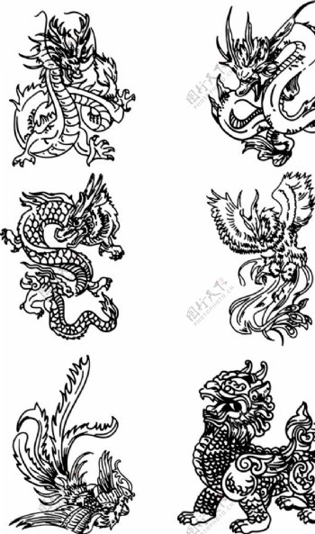 手绘中国神话传奇神兽龙凤麒麟图片